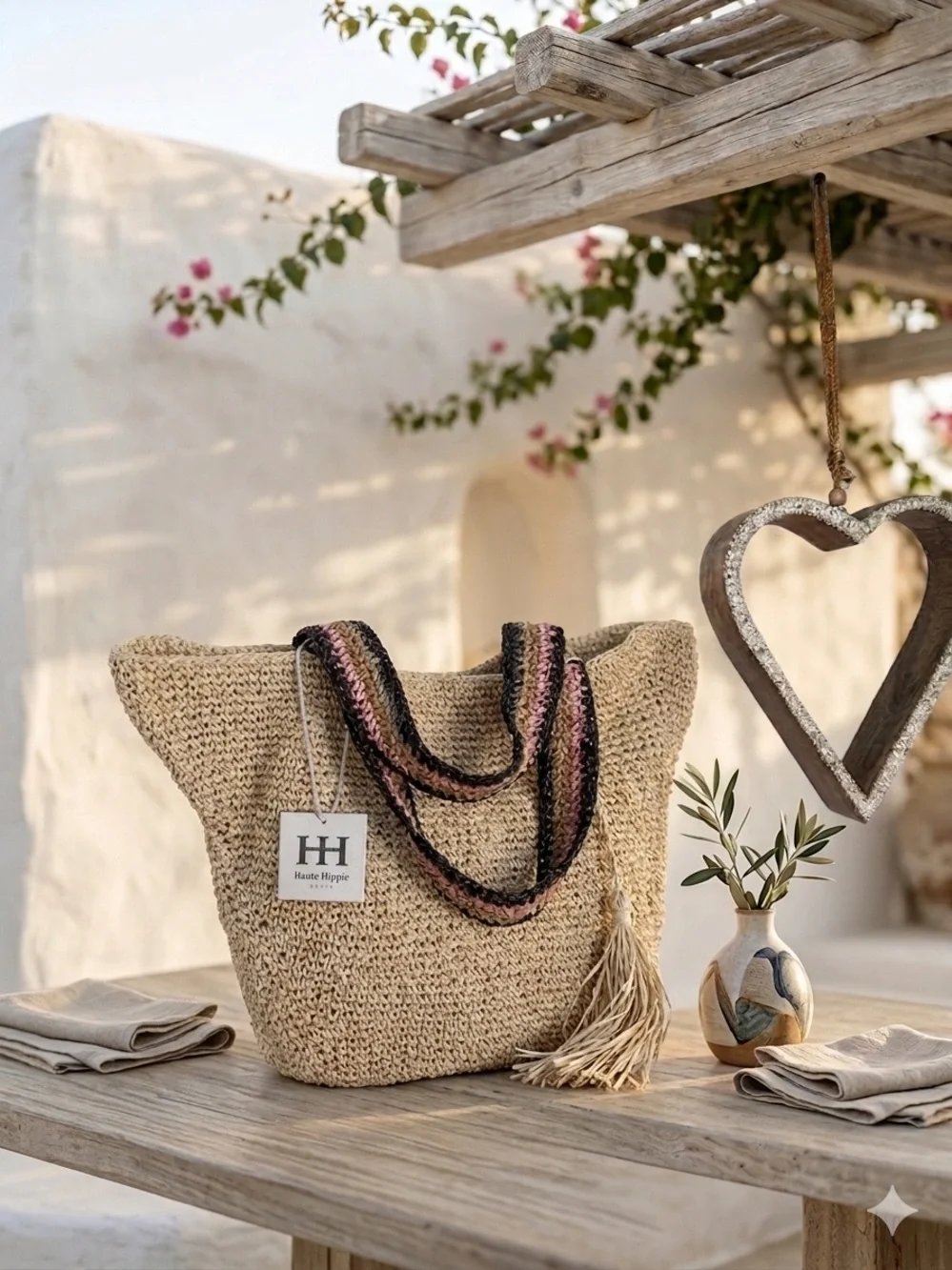Haute Hippie Style Straw Knit Tote Bag Tassel Boho Beach Summer Shoulder Bag